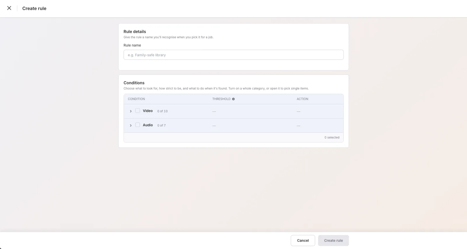 Create rule screen with rule name and conditions