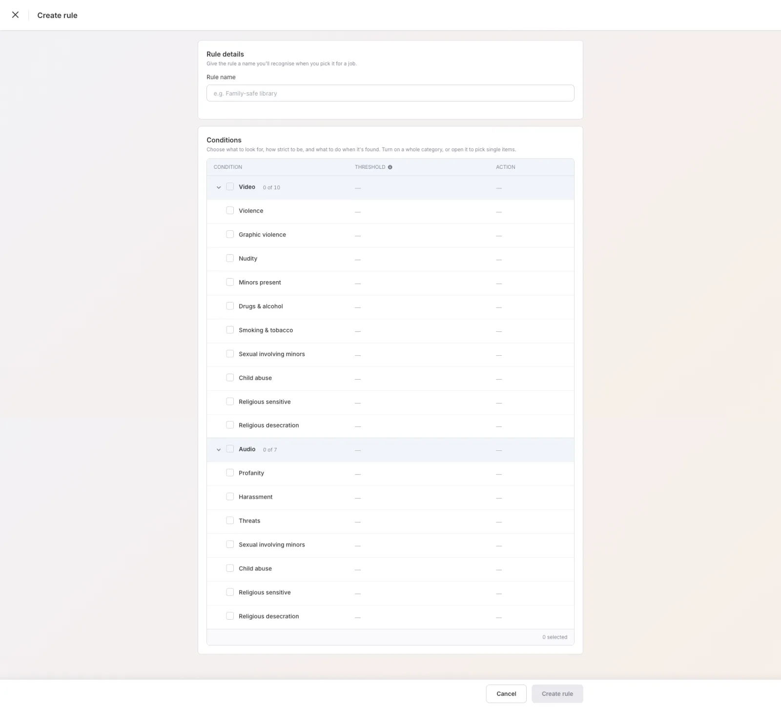 Create rule conditions expanded with video and audio categories