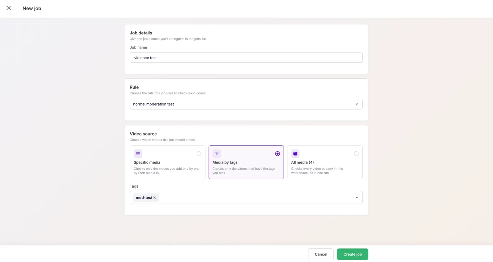 Media-by-tags job with a tag selected and ready to run