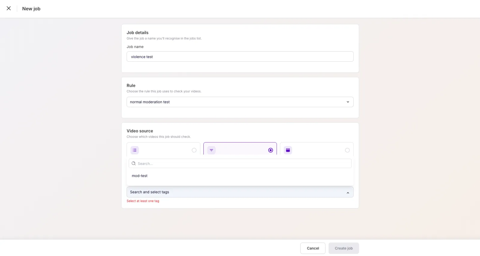 Search and select tags for a media-by-tags job