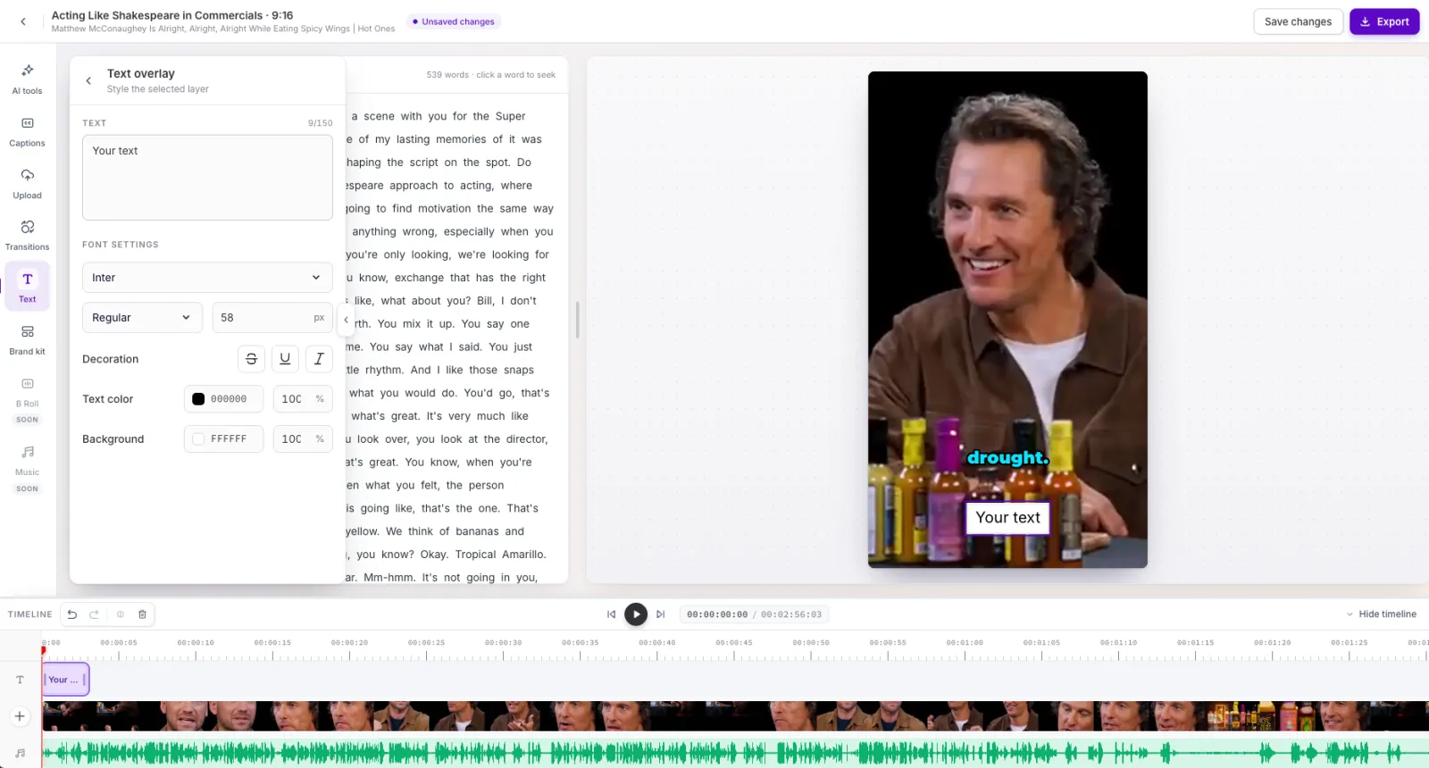 The text panel next to a styled text layer on the preview