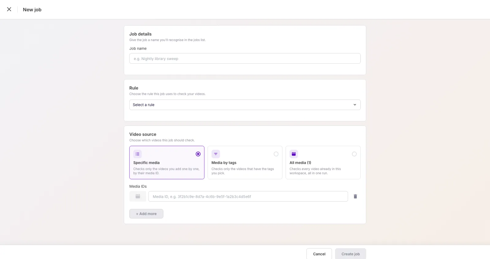 New job screen with job name, rule, and video source