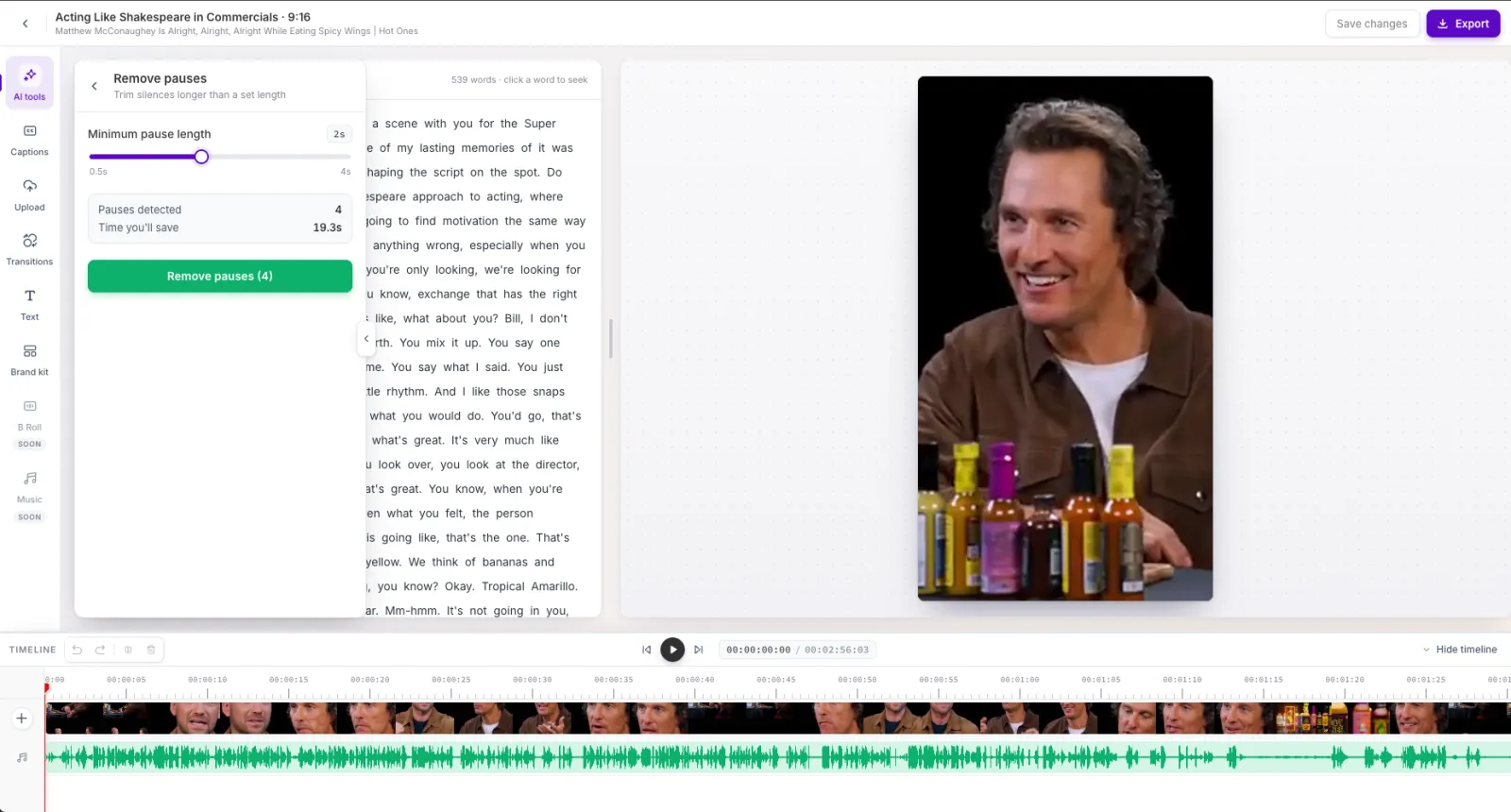 The Remove pauses panel with the minimum pause length slider and the detected counts