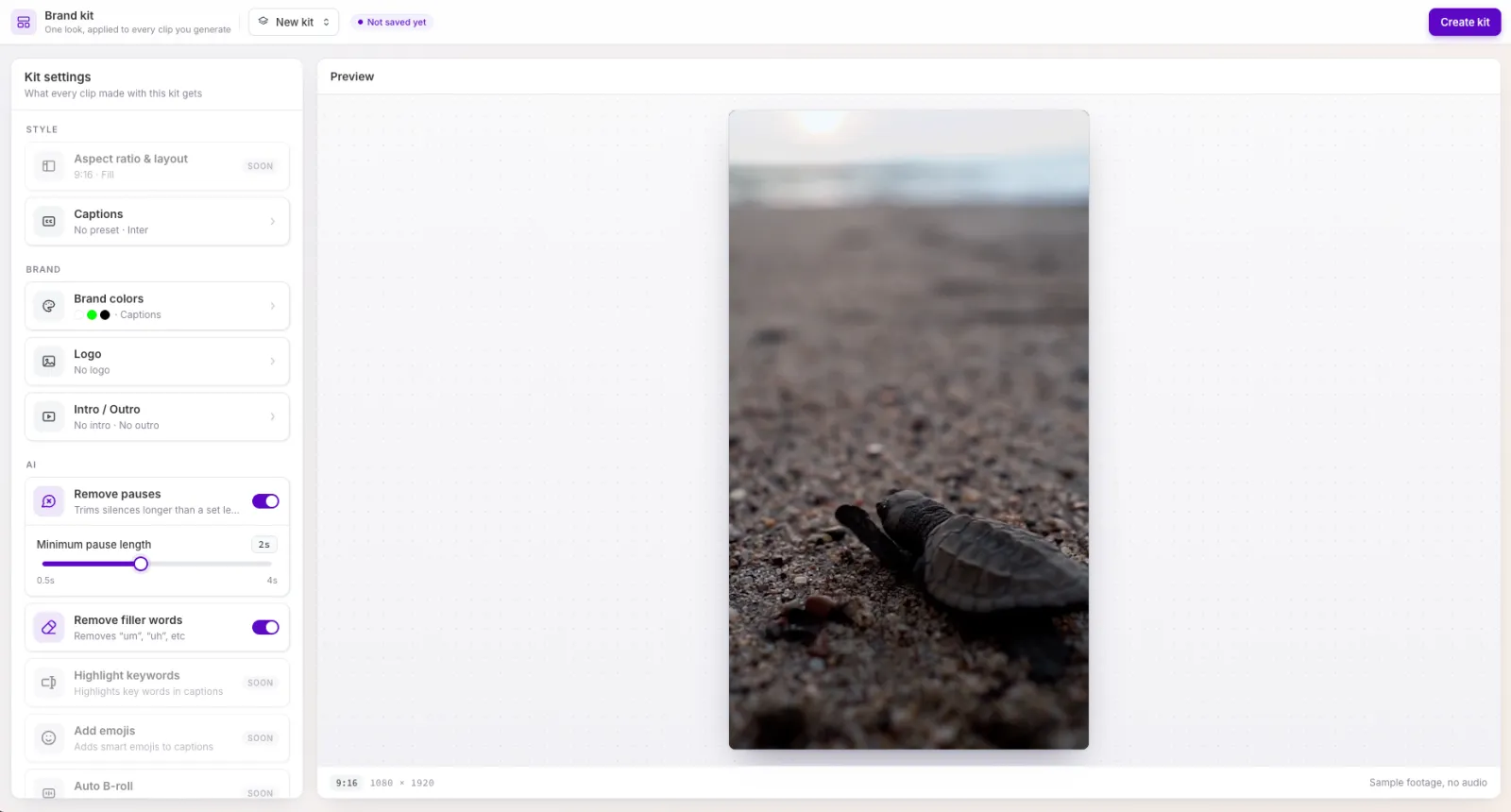The Brand kit page with kit settings for captions, brand colors, logo, intro and outro, and clean-up