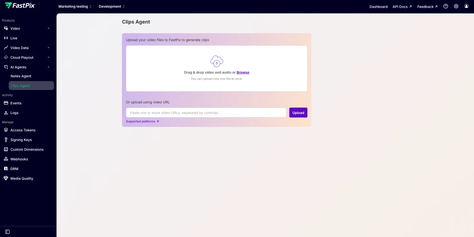 Upload area with drag-and-drop and Browse