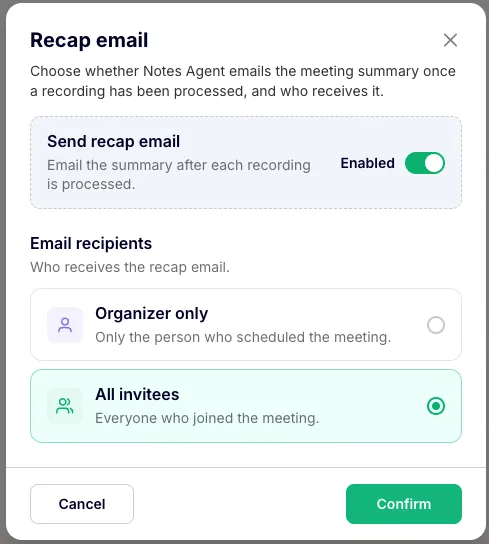 The Recap email dialog with Send recap email enabled and All invitees selected, ready to confirm