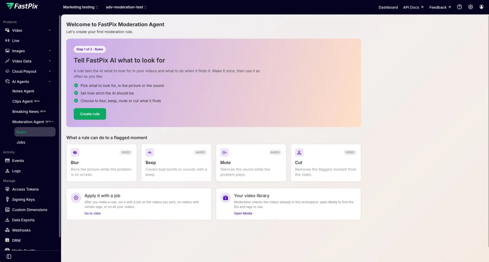 FastPix Moderation Agent welcome screen