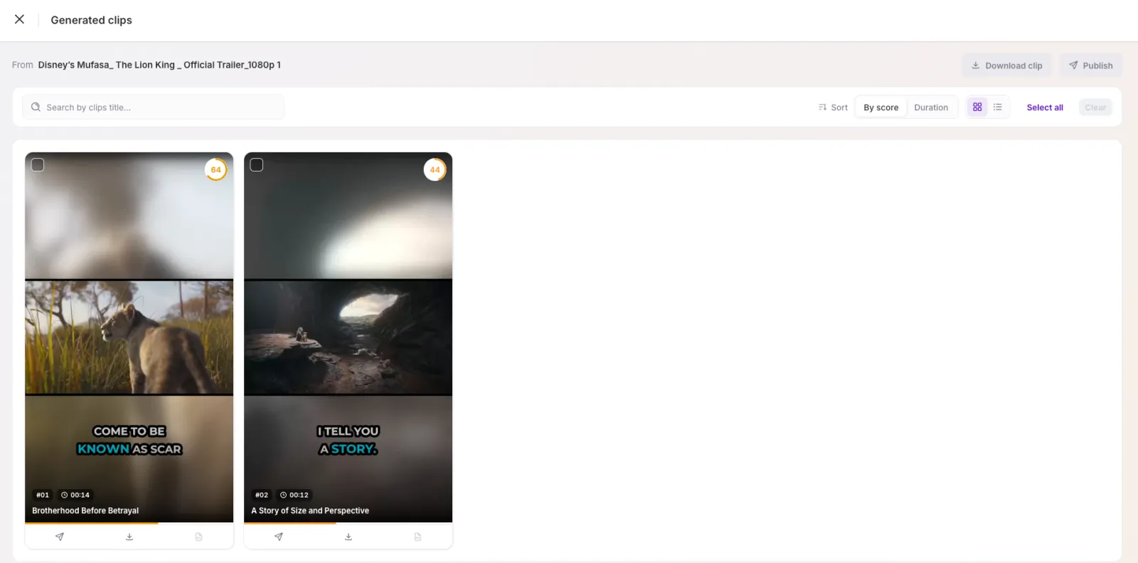 Generated clips grid with engagement scores
