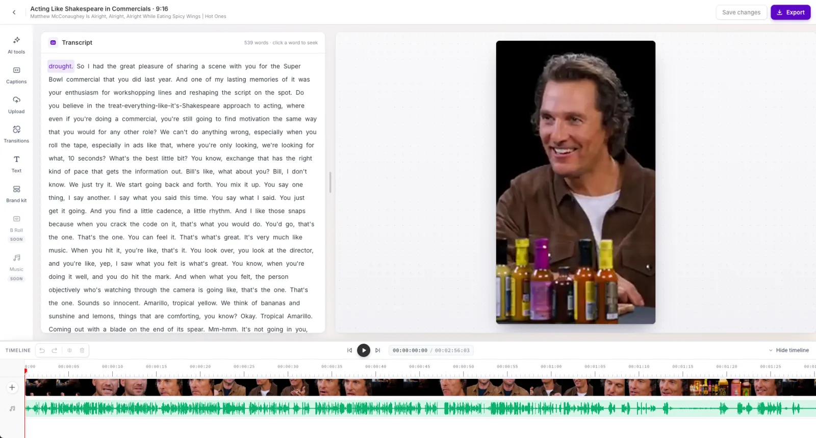 The AI video editor with the transcript on the left, the preview on the right, and the timeline along the bottom