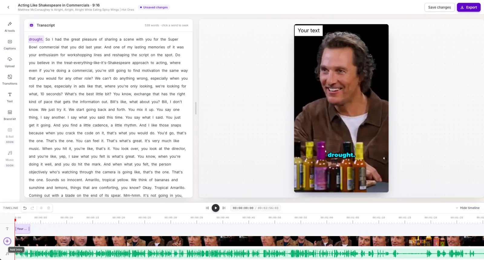 The AI video editor timeline with the Add intro control at the start of the Video row