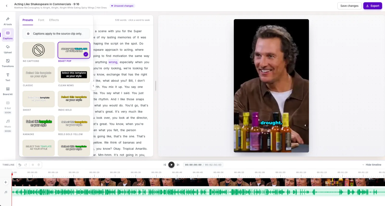 The Captions tool with a preset selected and captions on the preview