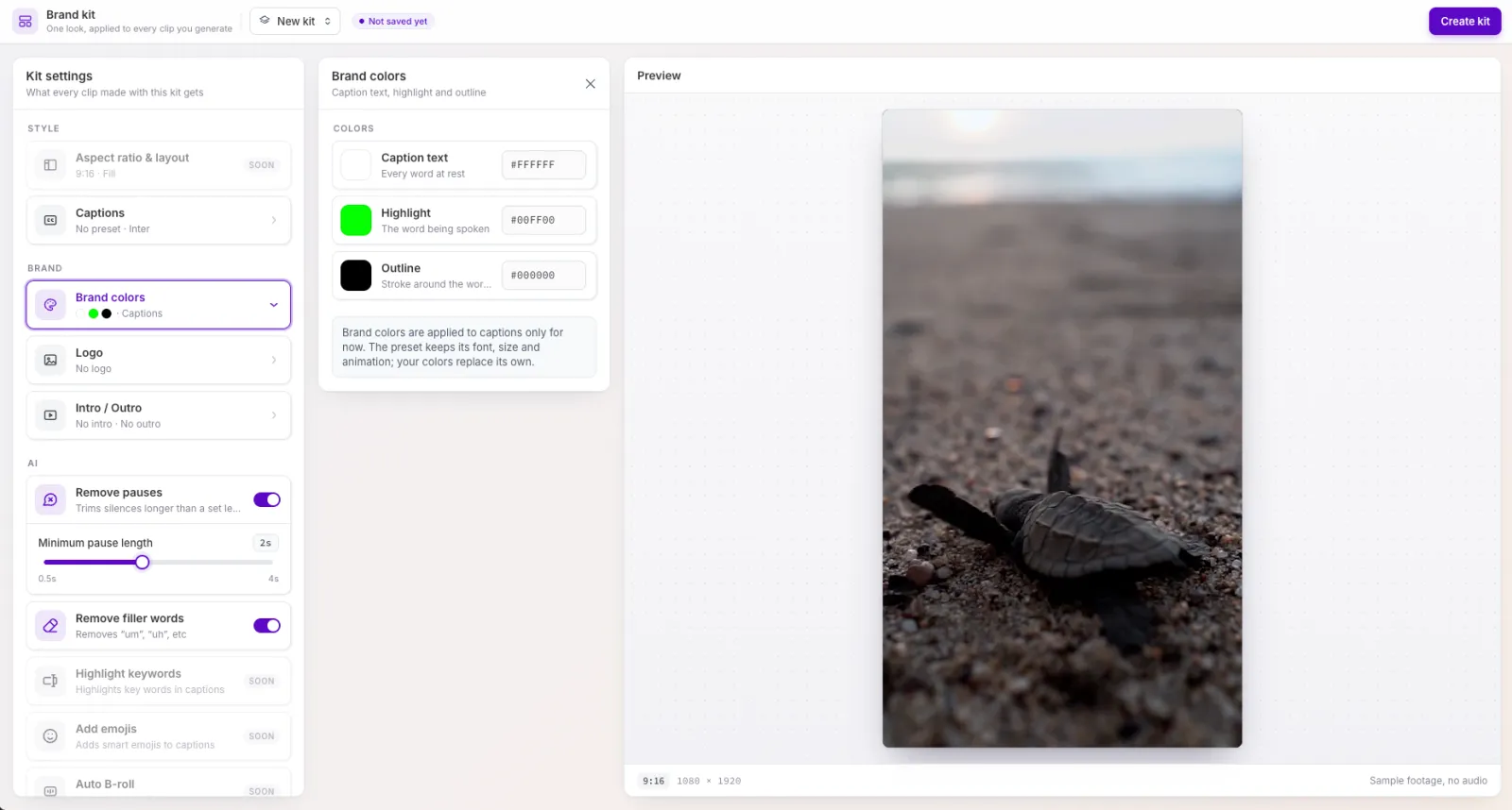 The Brand colors settings for caption text, highlight, and outline