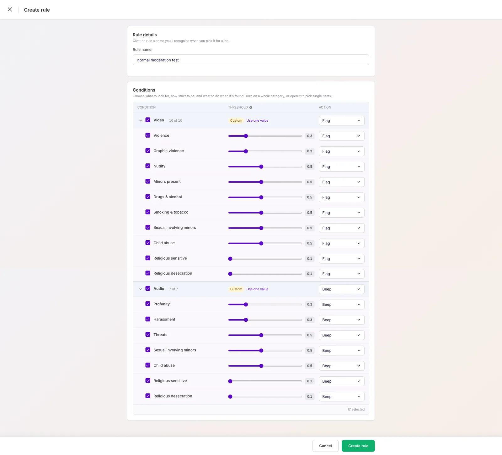 Create rule with conditions, thresholds, and actions configured