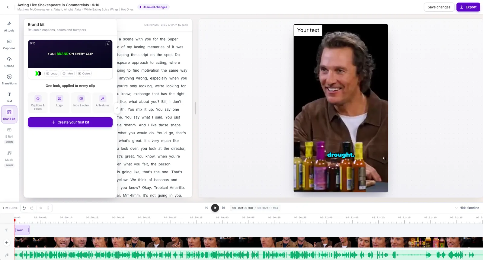 The Brand kit tool in the AI video editor