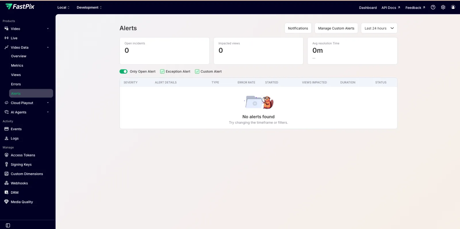 Alerts page in the FastPix dashboard