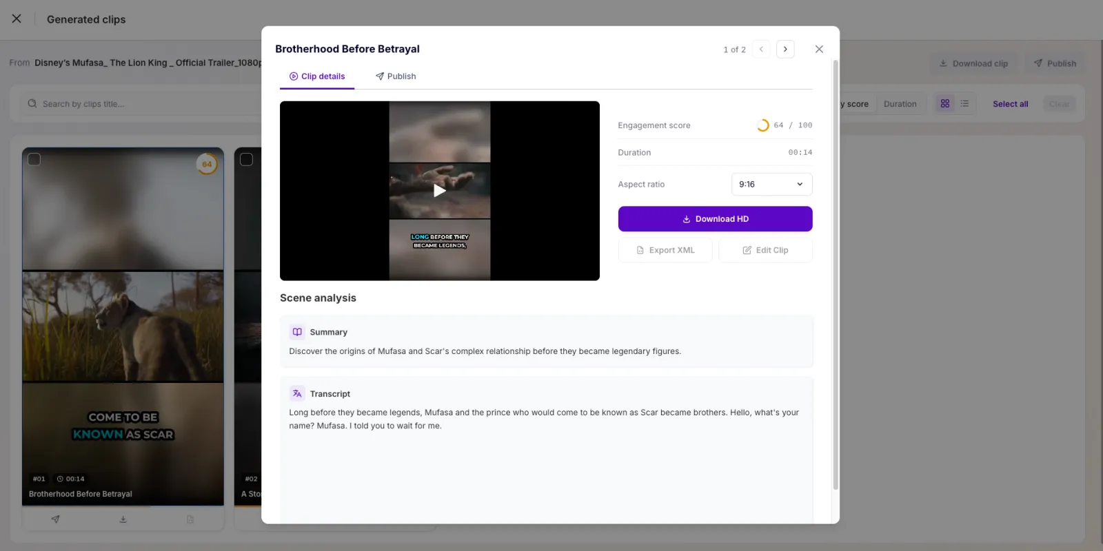 Clip details with scene analysis, summary, and transcript