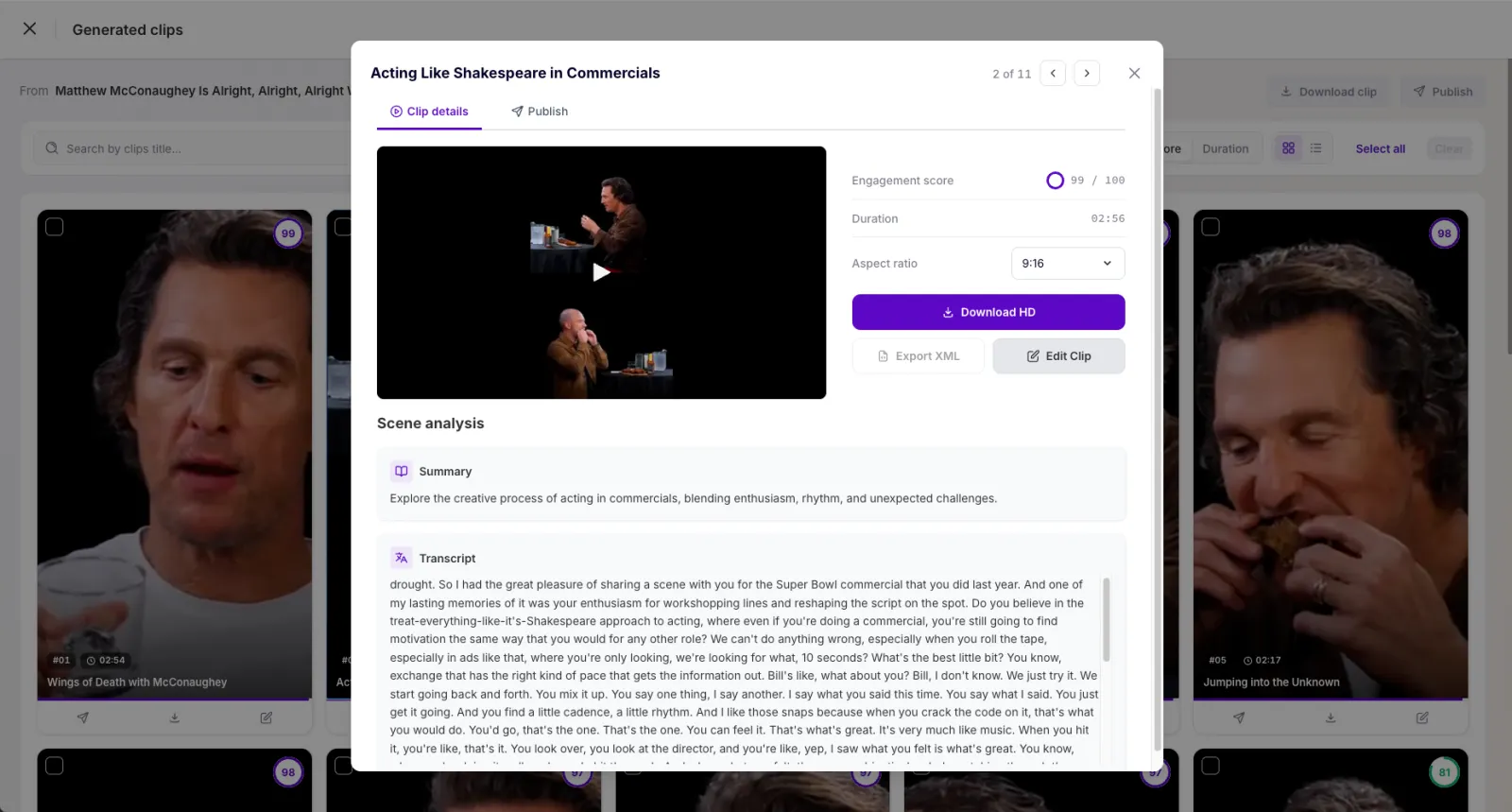 A generated clip's details with the Edit Clip button