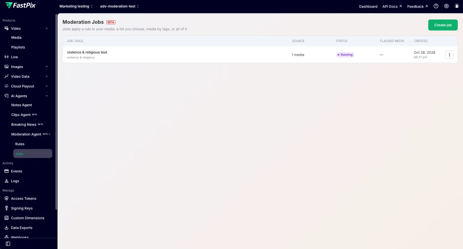 Moderation Jobs list showing a running job