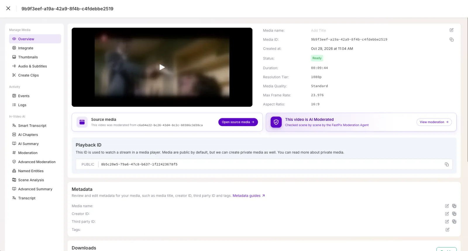 Moderated media overview in the Media library, linking to the source video and the moderation review