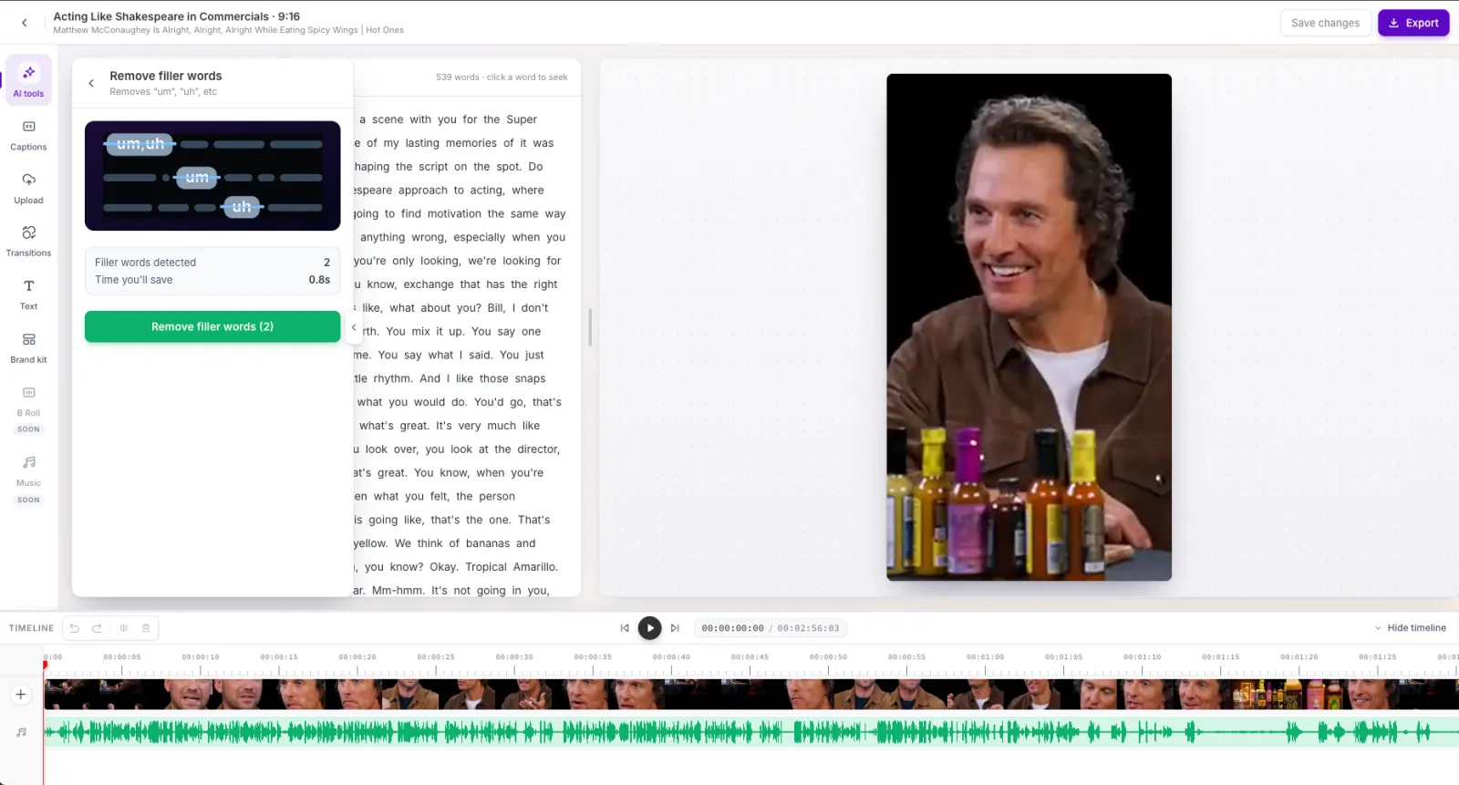 The Remove filler words panel with the detected count