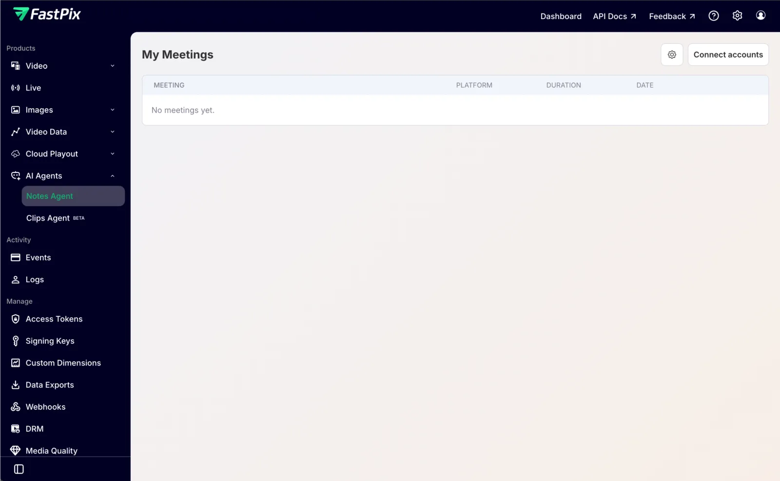 The My Meetings page in AI Agents, Notes Agent, with the settings gear icon at the top right