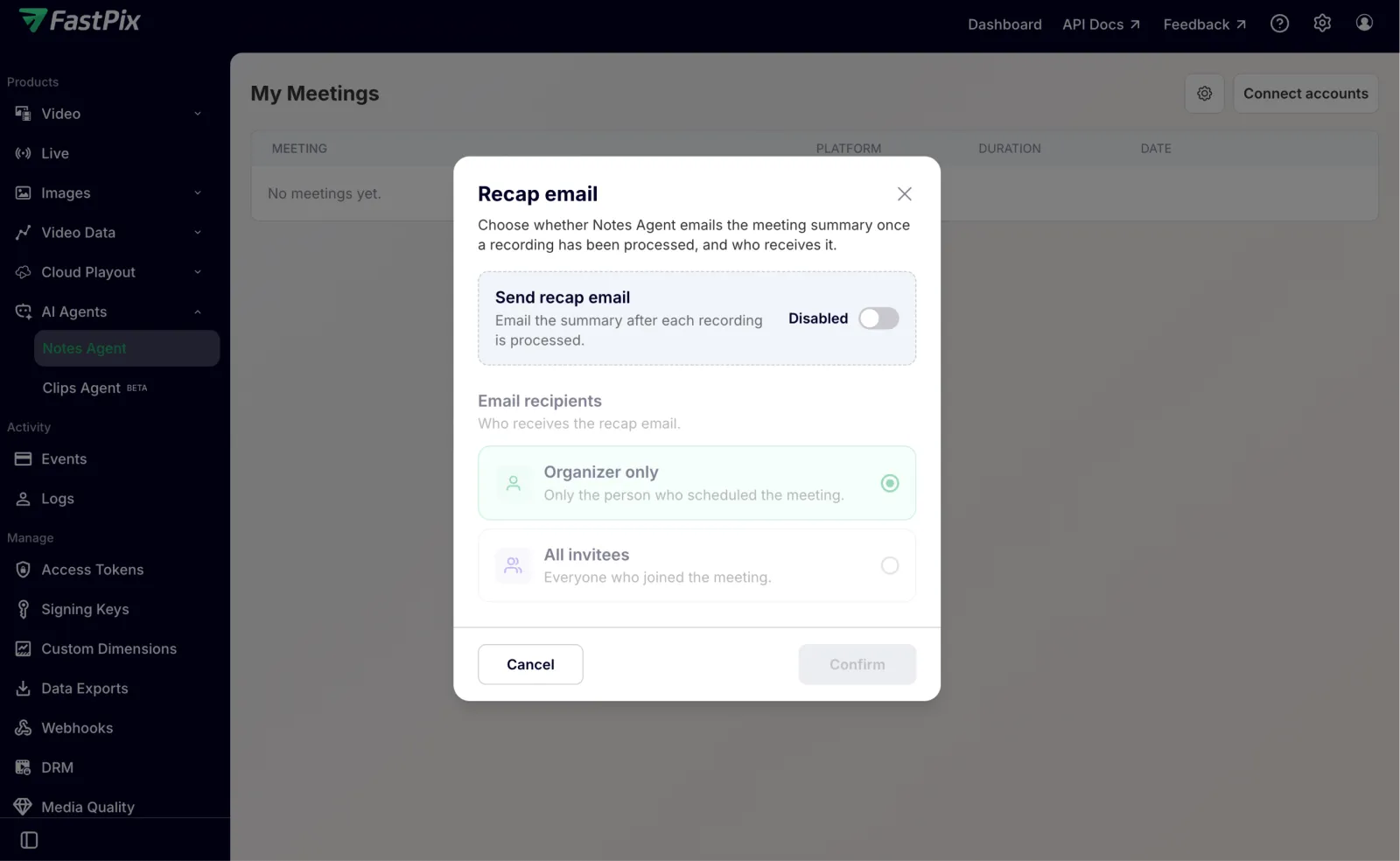 The Recap email dialog with Send recap email disabled by default and Organizer only pre-selected