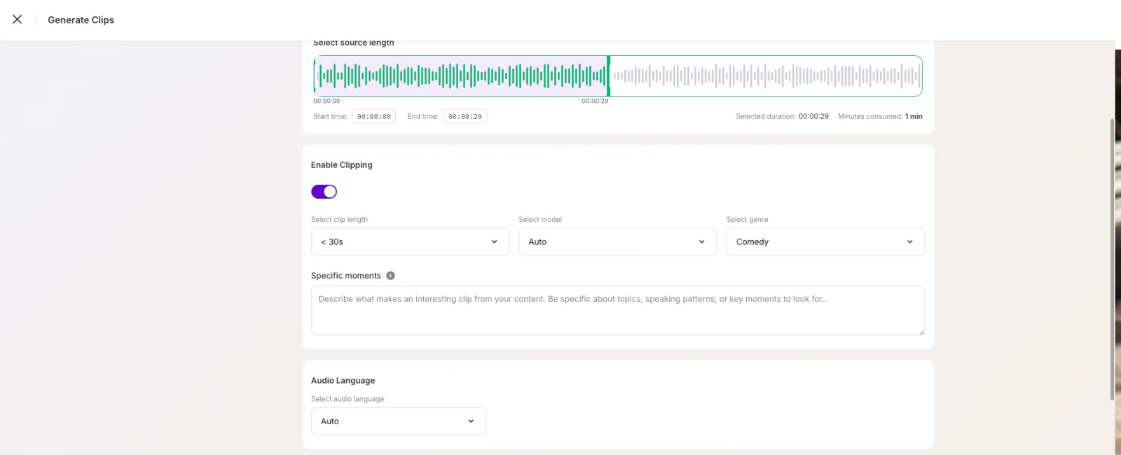 Enable Clipping with clip length, model, genre, and specific moments