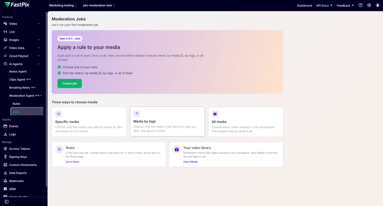 FastPix Moderation Jobs welcome screen