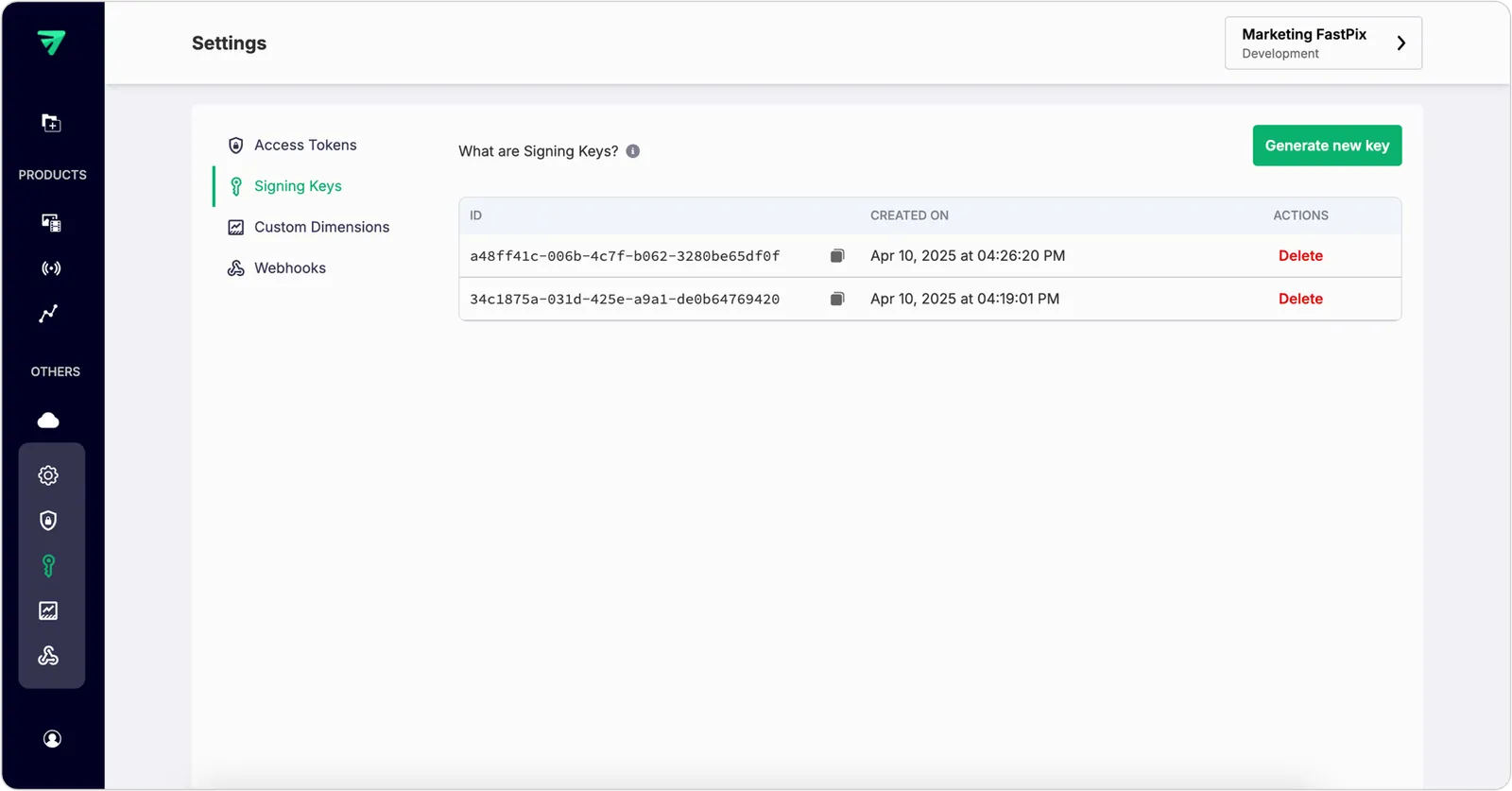 Signing keys section in the FastPix Dashboard