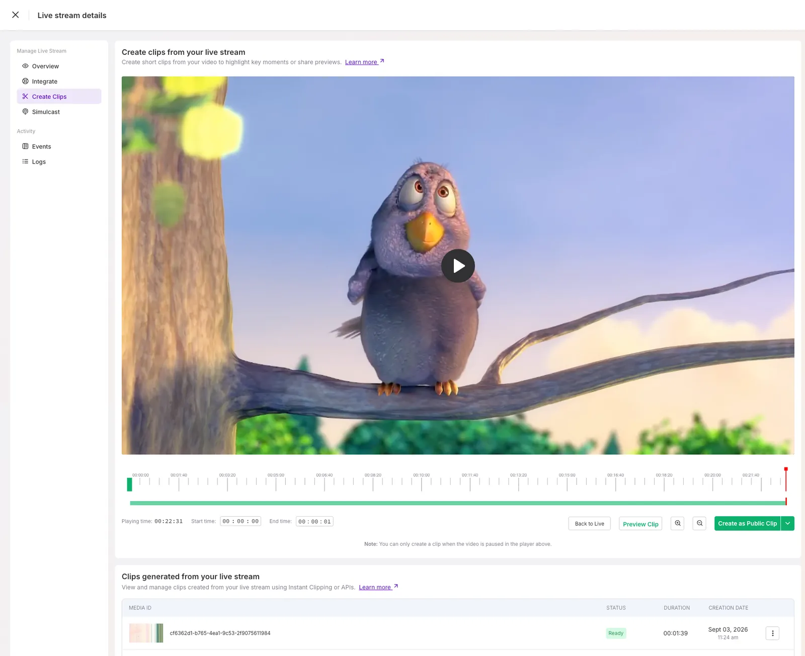 Clips generated from your live stream table