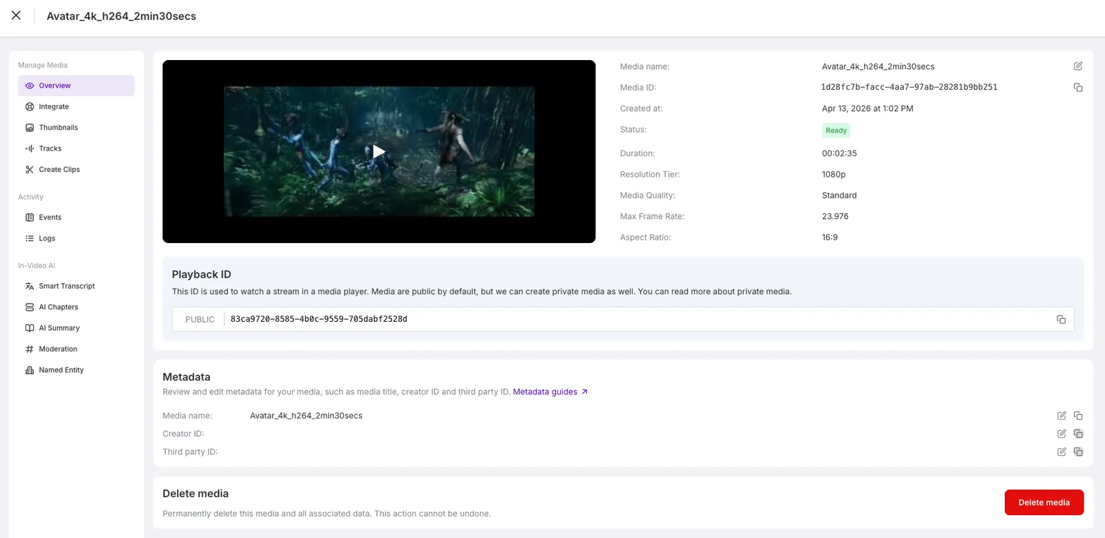 Panel showing video ready