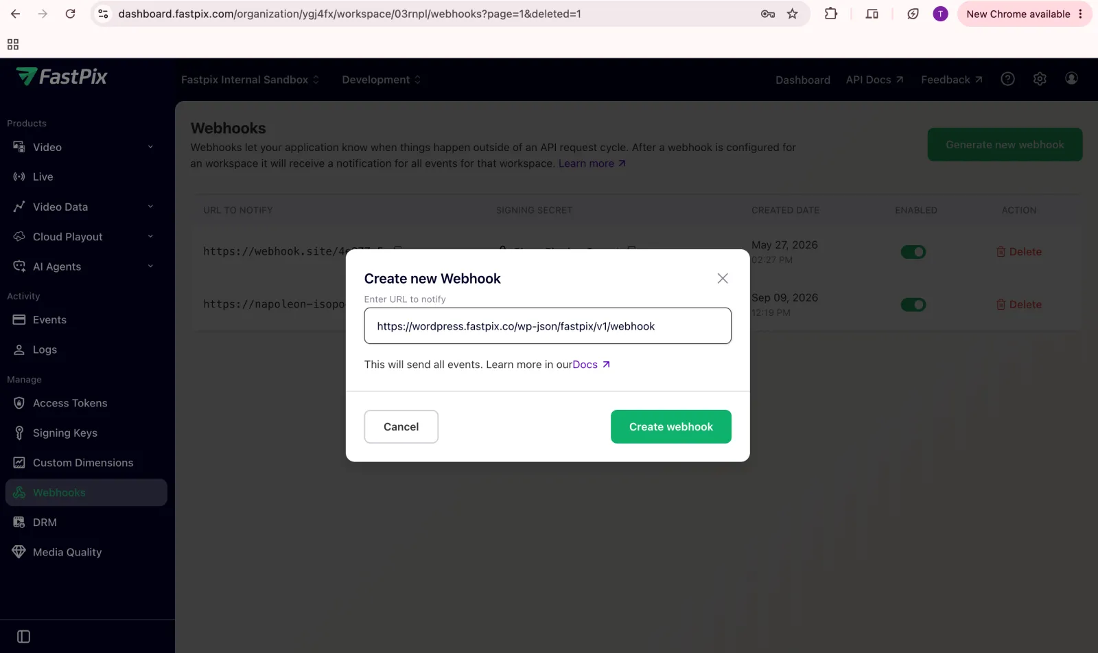 Creating a new webhook in the FastPix dashboard with the WordPress webhook URL