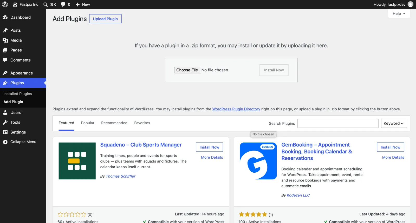 Uploading the FastPix plugin ZIP file on the Add Plugins screen