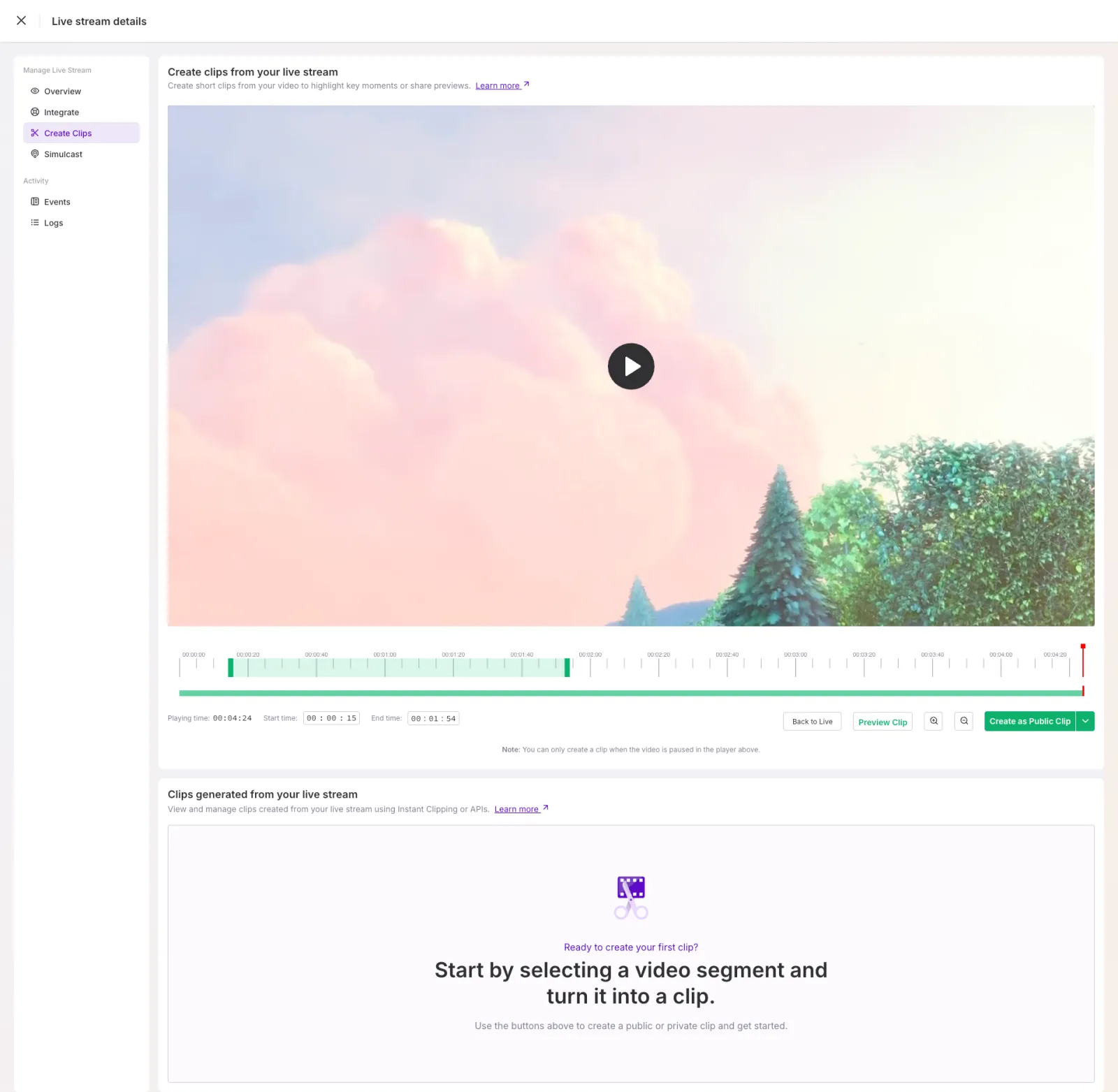 Create Clips page with a start and end time selected on the timeline