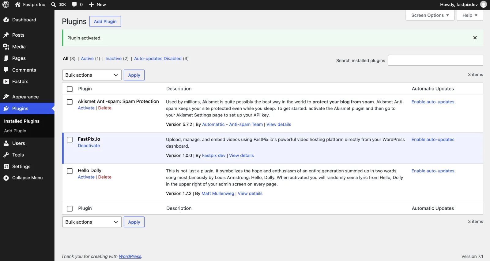 FastPix.io activated in the WordPress installed plugins list
