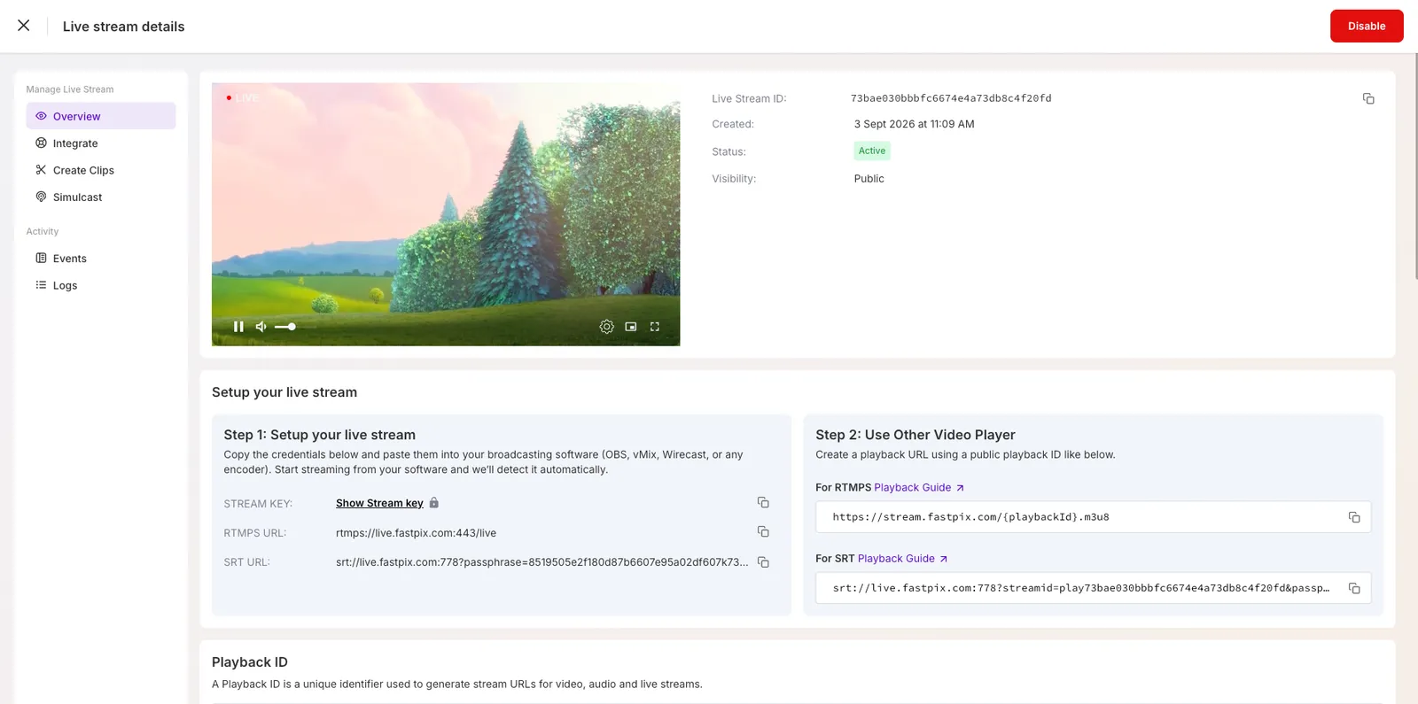 Live stream Overview showing the RTMPS URL and stream key