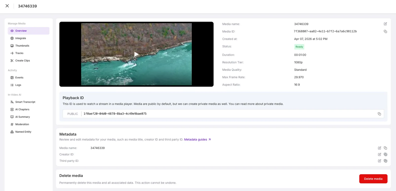 Media Details page showing the Playback ID and video overview