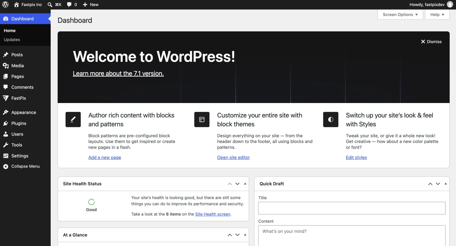 WordPress admin dashboard with FastPix in the left sidebar menu