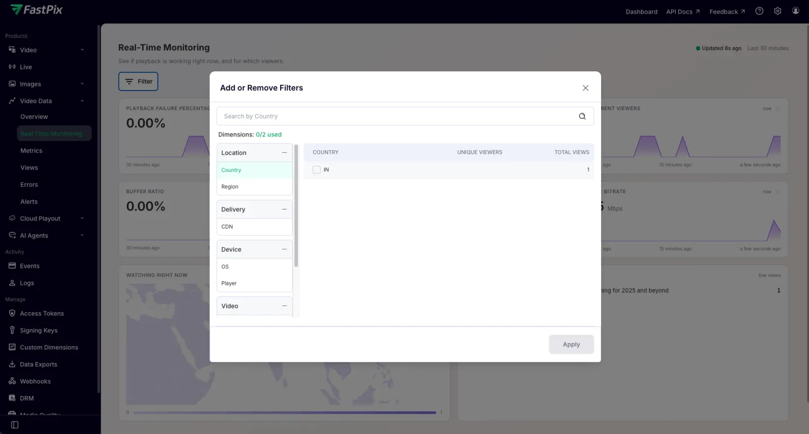 The Add or Remove Filters dialog, with dimensions grouped by Location, Delivery, Device, and Video