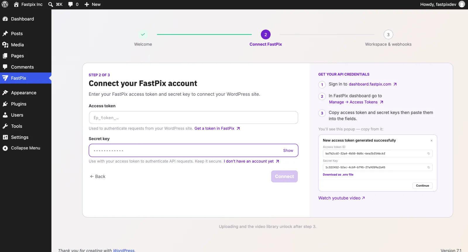 Step 2 of the setup wizard: entering the FastPix access token and secret key