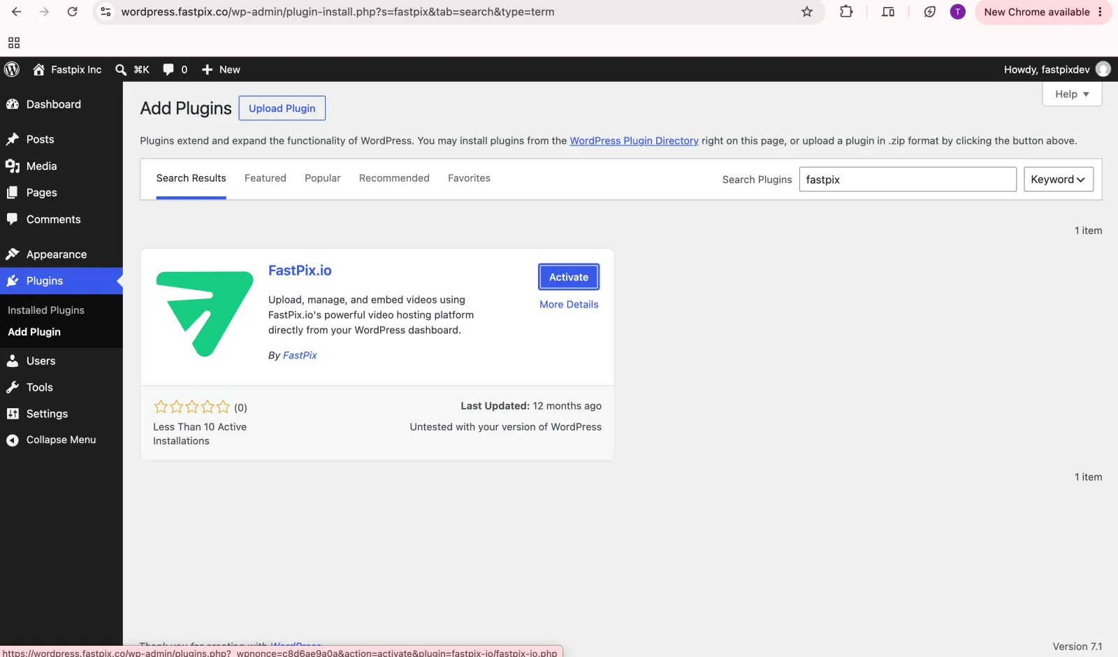 The FastPix plugin in the WordPress plugin directory with the Activate button
