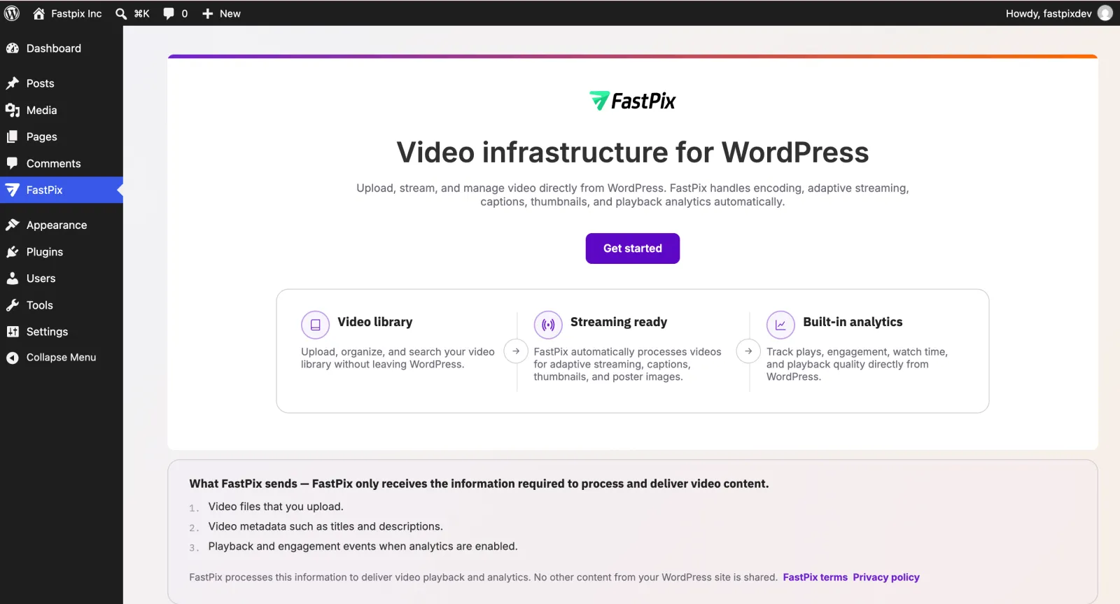 FastPix welcome screen in the WordPress admin with the Get started button