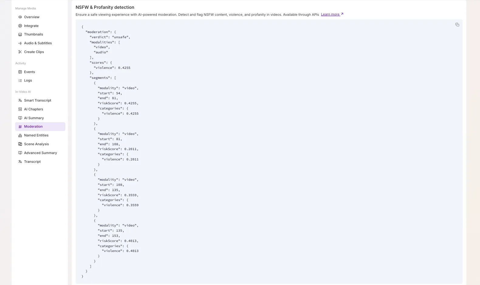 Moderation results in the FastPix dashboard showing detected categories and confidence scores