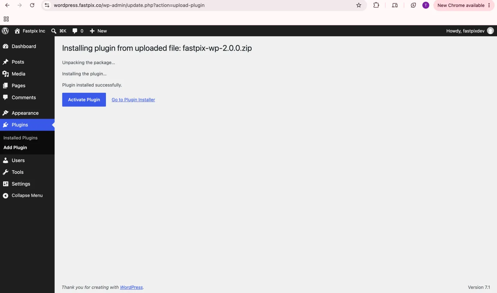 FastPix plugin installed successfully from the uploaded ZIP file