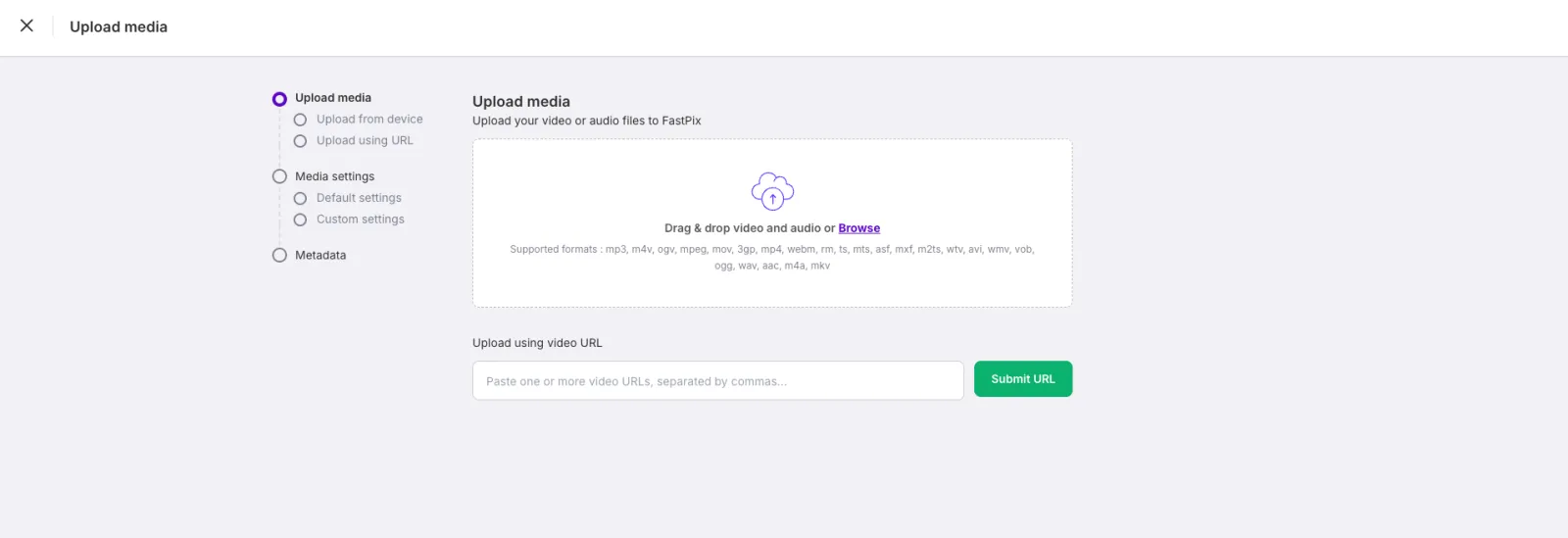 Upload media page showing upload