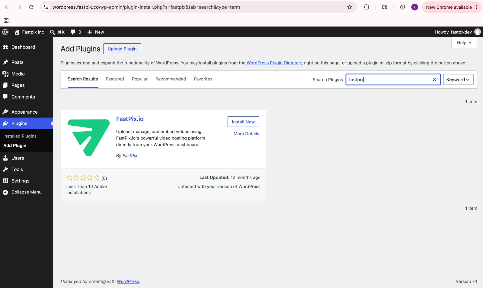 Searching for the FastPix plugin in the WordPress plugin directory with Install Now