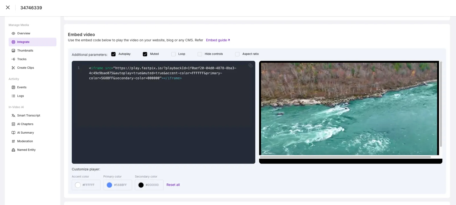 Integrate tab showing the Embed video panel