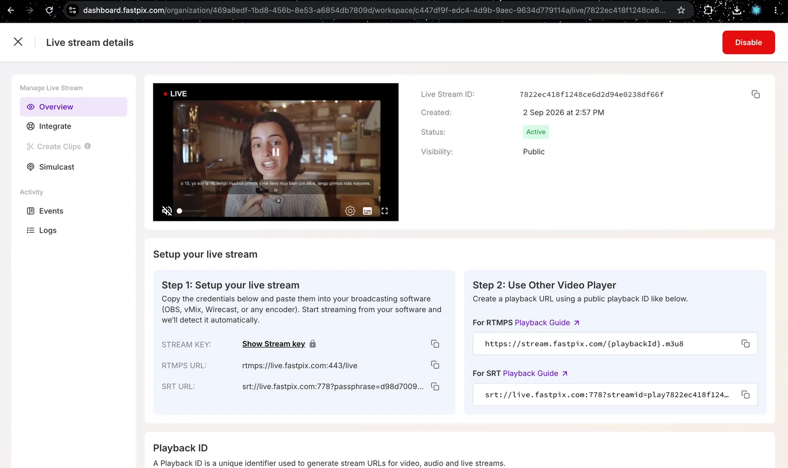 Closed captions playing in the FastPix dashboard stream preview player, with the CC control