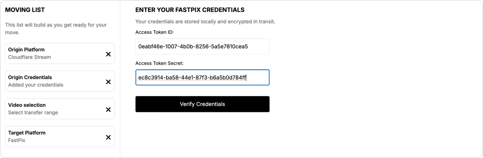 Destination credentials validation